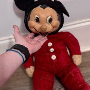 RARE Vintage Mickey Mouse Rubber Face Red Plush Doll With Buttons 1950s/1960s